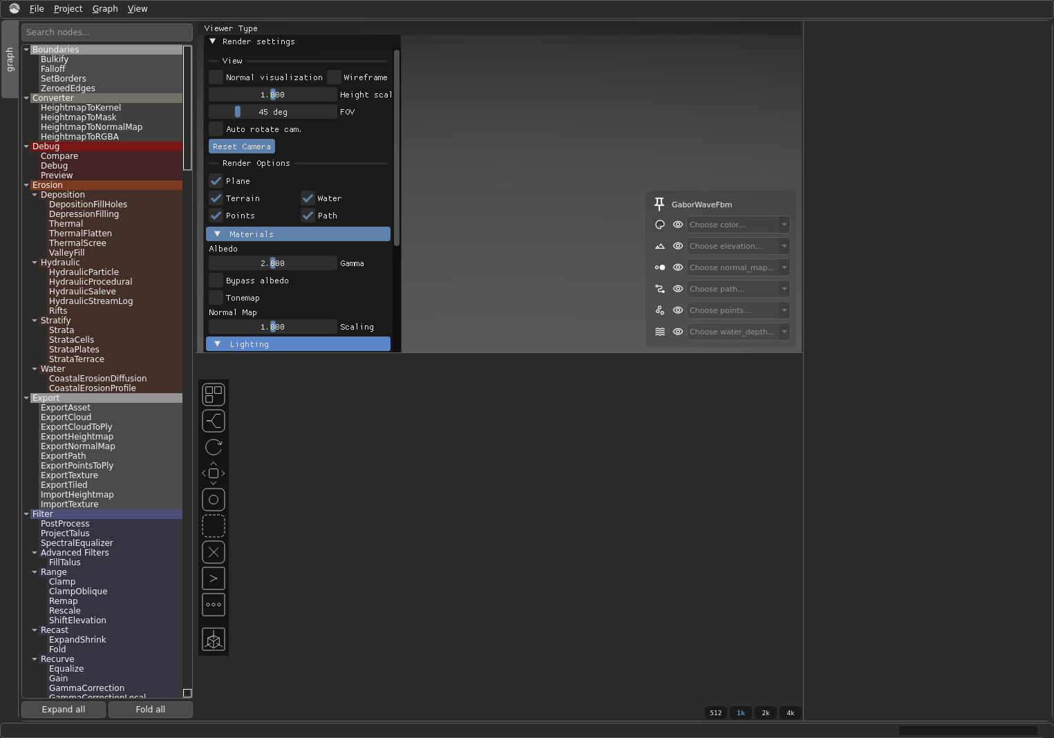 The Hesiod workspace on first open: the empty node graph, the 3D viewport, and the resolution selector.