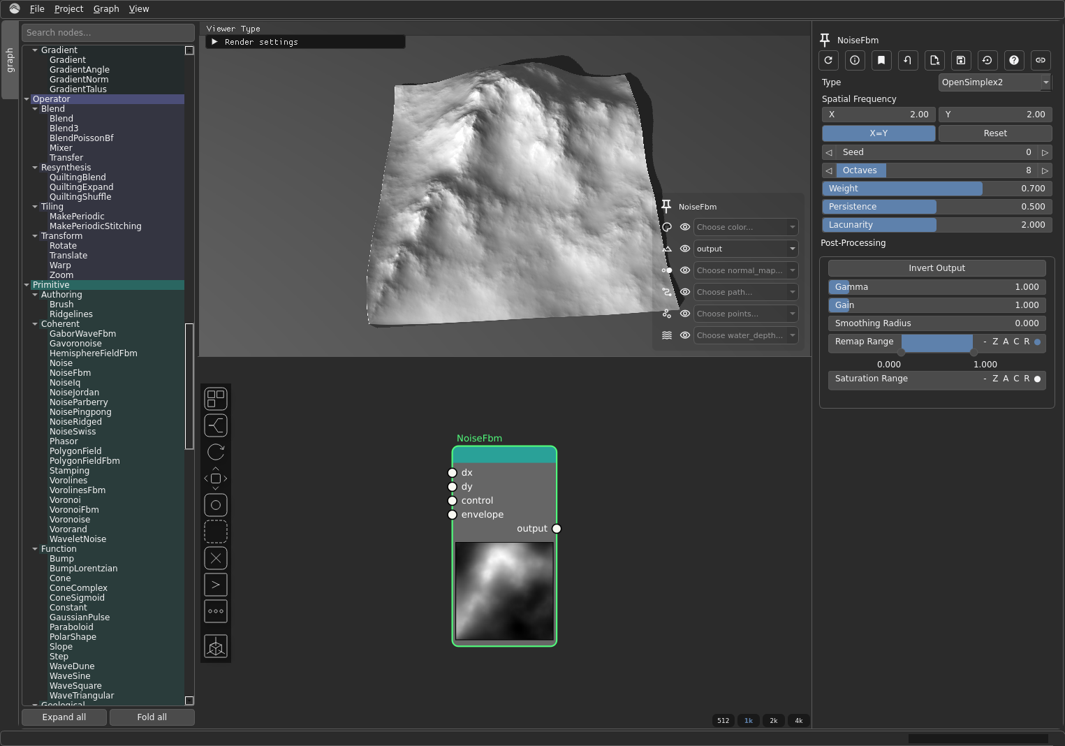 The NoiseFbm node selected, showing its grayscale preview thumbnail and its settings panel with seed, kw and octaves.