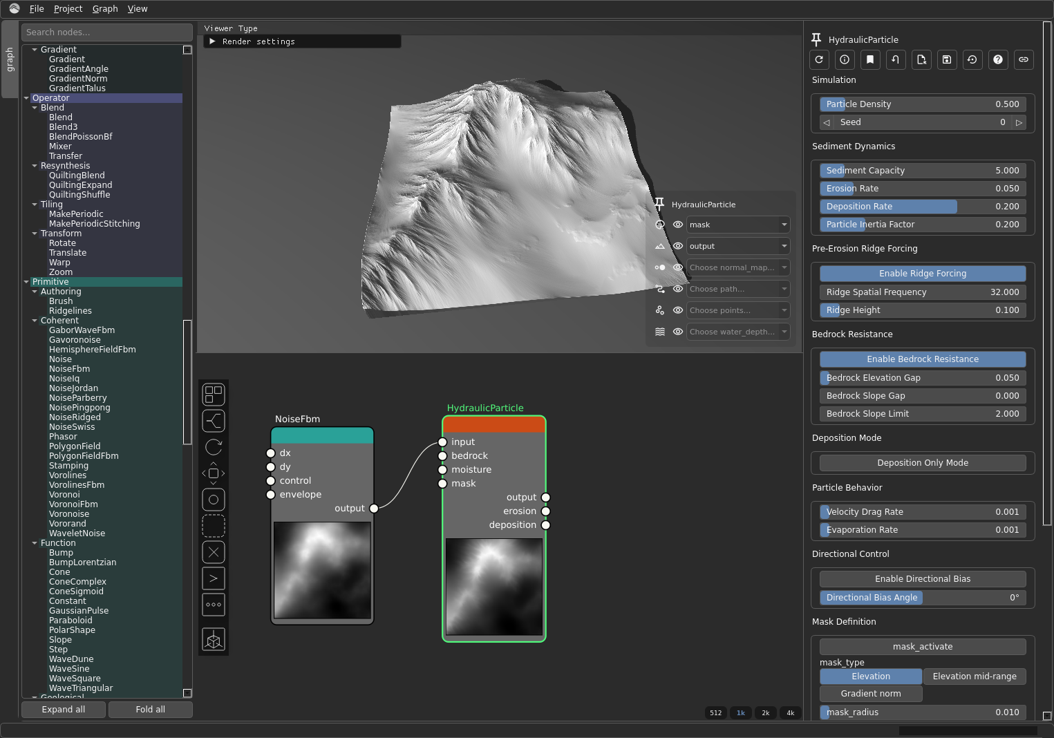 After erosion: the heightmap now has carved valleys and channels visible in the preview and the 3D viewport.