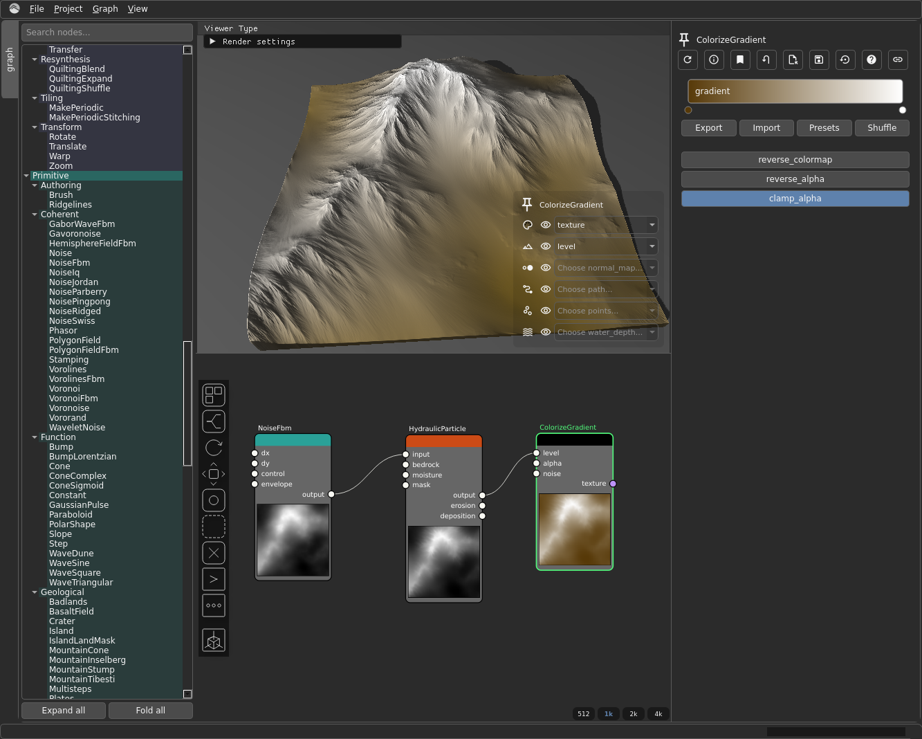 ColorizeGradient: the coloured terrain result alongside the gradient/colormap widget.