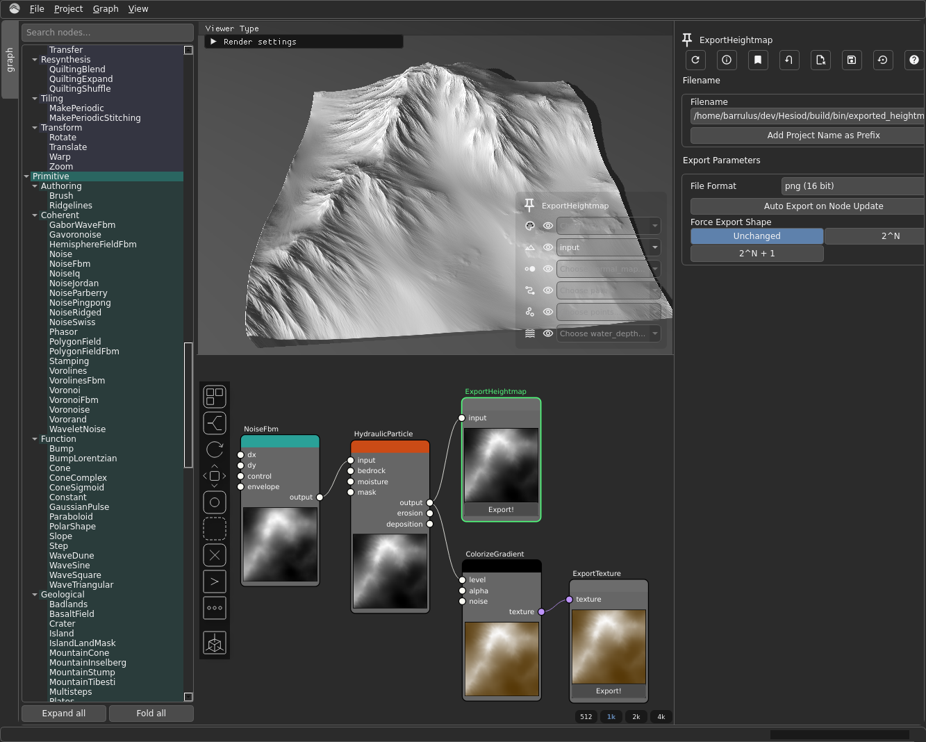 Both export nodes and how they branch: ExportHeightmap hanging off the eroded heightmap, ExportTexture off ColorizeGradient, with an export settings panel showing fname and format.