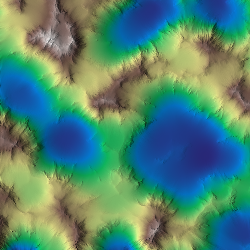 The same base terrain after HydraulicParticle erosion: water has carved dendritic drainage channels and valleys.