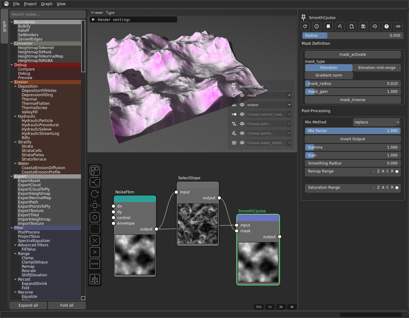 The Hesiod node graph for masked smoothing: NoiseFbm feeds both the SmoothCpulse filter and a SelectSlope selector, and SelectSlope's output is wired into SmoothCpulse's mask input port. The 3D viewport shows the smoothed result and the SmoothCpulse settings panel is open on the right.