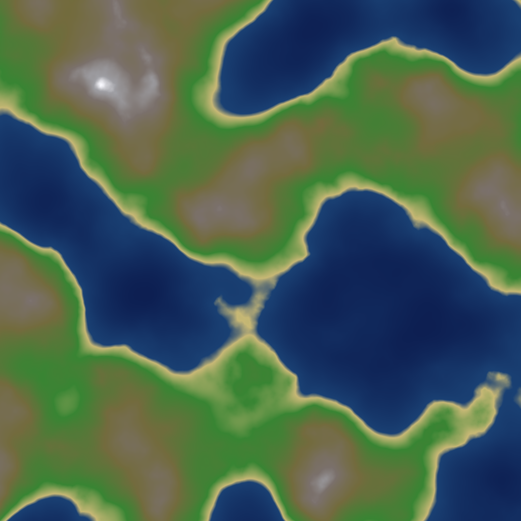 A heightmap colourised through ColorizeGradient: deep-water basins, sandy coasts, green lowlands, brown hills and snow on the peaks.