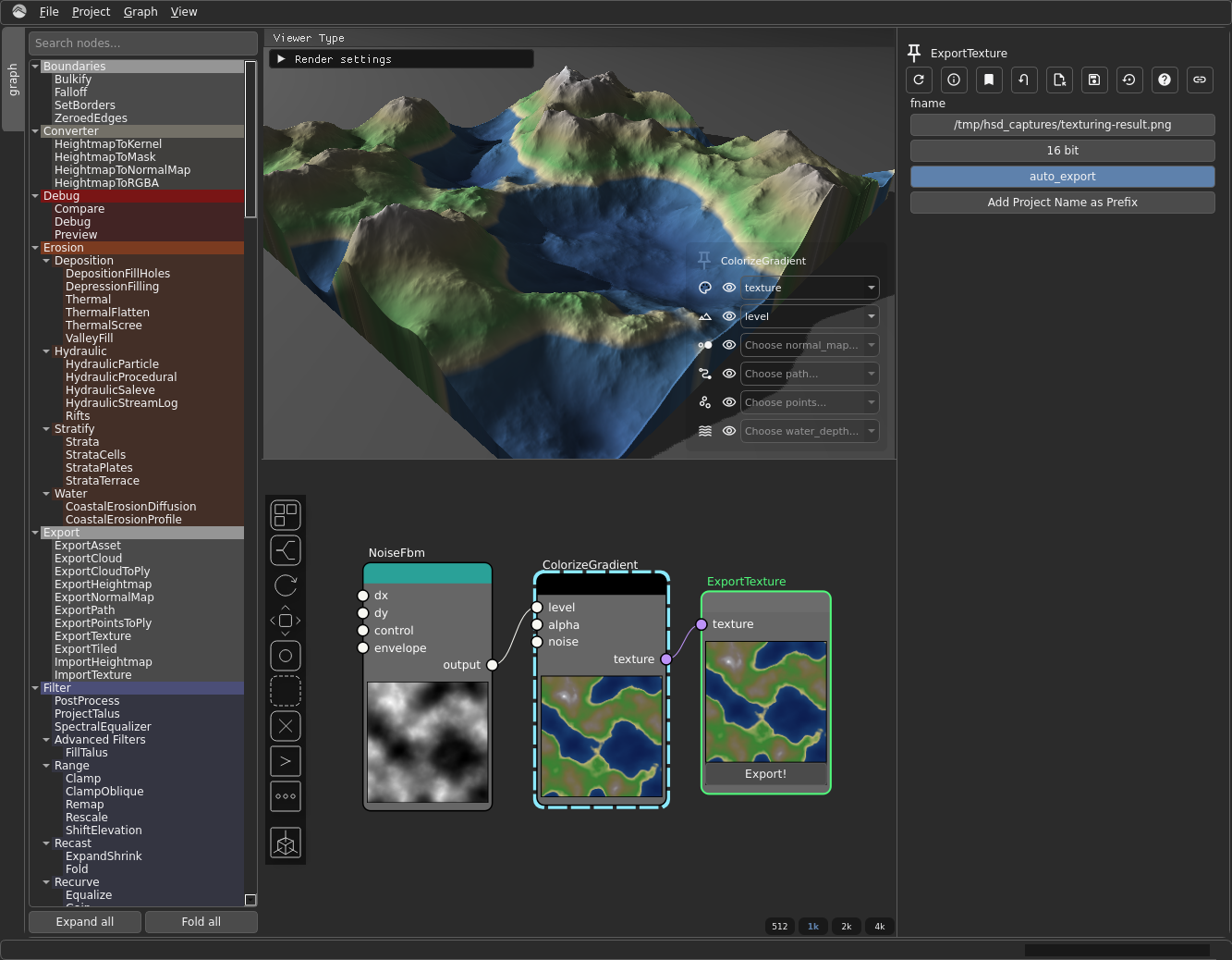 The colorize pipeline in Hesiod: NoiseFbm feeds ColorizeGradient, whose texture output runs to ExportTexture. The 3D viewport shows the colourised terrain and the ExportTexture settings panel is open on the right.